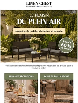 -60 % sur l'extérieur et le patio -60 % sur l'extérieur et le patio